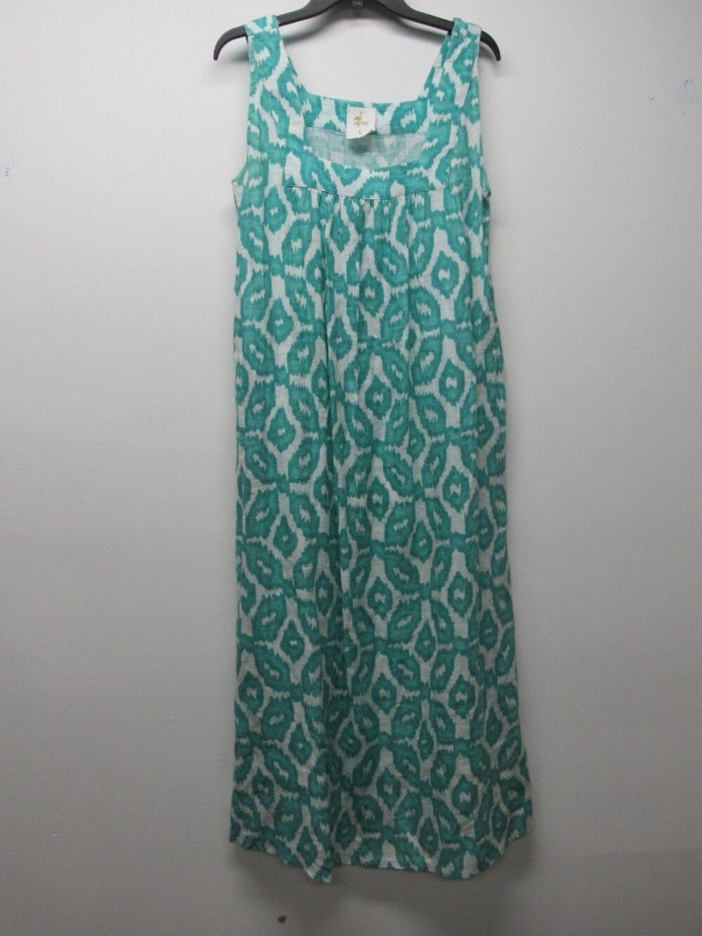 Nimo With Love 100% Linen Green Ikat Boho Print Square Neck Maxi Dress sz L